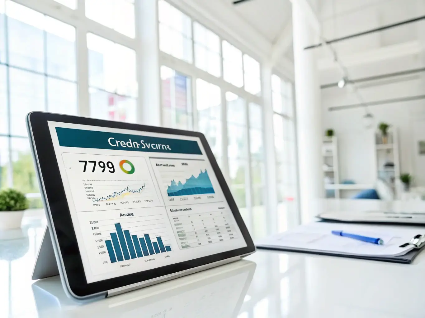 A detailed chart comparing different financing options, including interest rates, loan terms, and monthly payments, is displayed on a tablet.