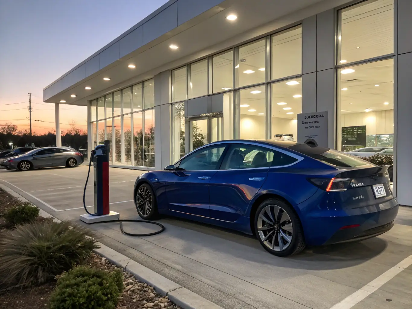 A sleek, modern electric vehicle is showcased in front of the ElectroDrive Imports dealership, highlighting a special financing promotion.